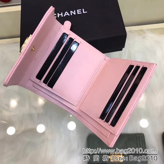 CHANEL香奈兒 新款leboy短三折錢包 荔枝牛皮綾格紋 復古金扣 80734  DJC3157